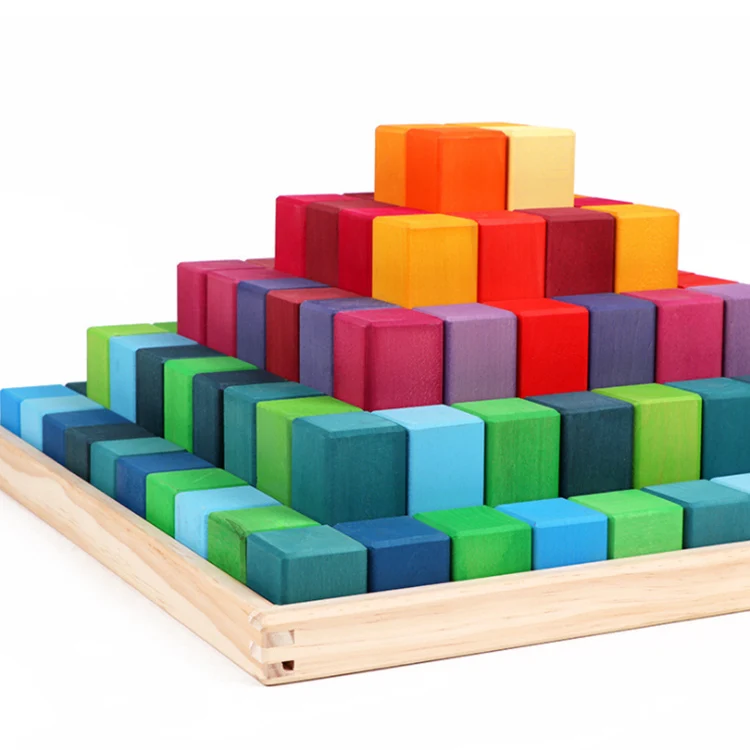 Moderngenic Pyramid Rainbow X-Large 100 Pieces Blocks Wooden Toys For Kids Geometric Stacking Educational Building Blocks