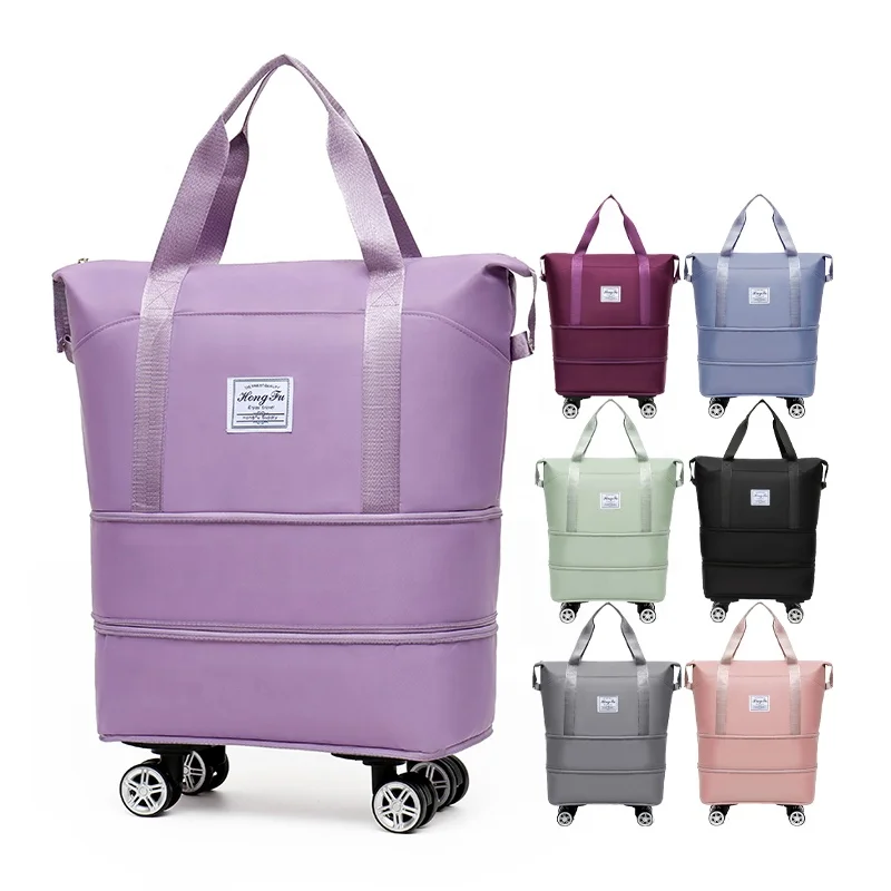 Custom Logo Large Waterproof women foldable duffle bag Expandable Weekender Fitness Gym Travel Bag with wheels trolley Luggage