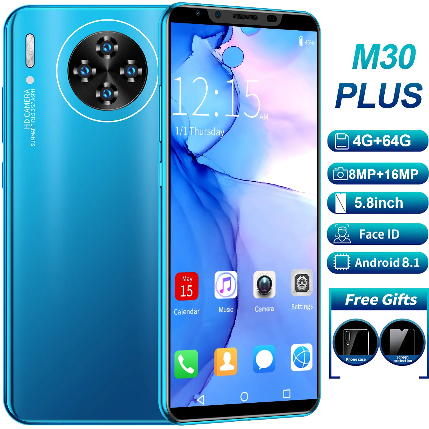  Смартфон M30 plus 8 + 16 Мп 4 ядра две SIM-карты 64 ГБ 5 дюйма Android