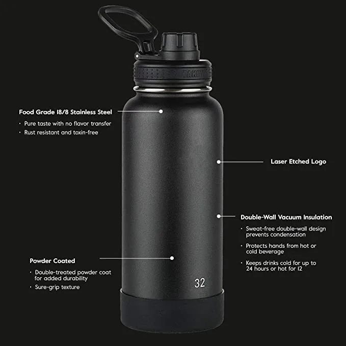 Insulated Stainless Steel Water Bottle with Spout Lid, 64 oz Onyx