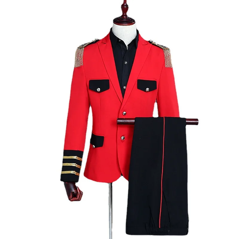 new red Captain Officer Sailor Peacoat Costume Mens Blazer Suit Fringe Marching Band Jacket Uniform For Adult Coat+Pant