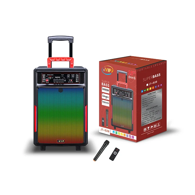 JT-1528 тележка стиль динамик беспроводной портативный динамик 15 дюймов Стильные Цвет светодиодные лампы свет режим динамик с проводом микрофон