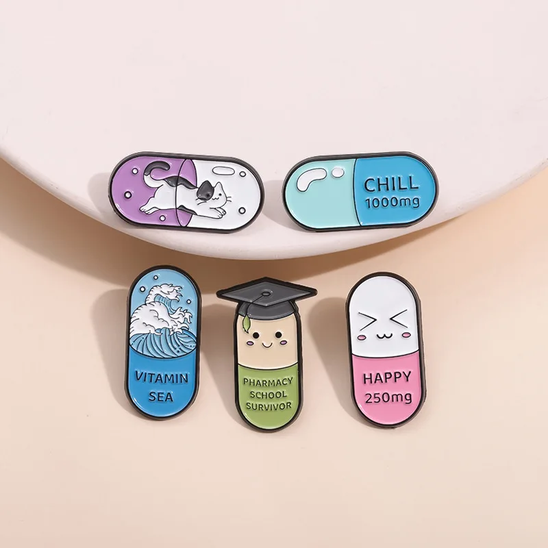 Cartoon Fun Medical Pill Capsule Shape Metal Brooch Cute Kitty Doctor Hat Sea Wave Enamel Lapel Pin
