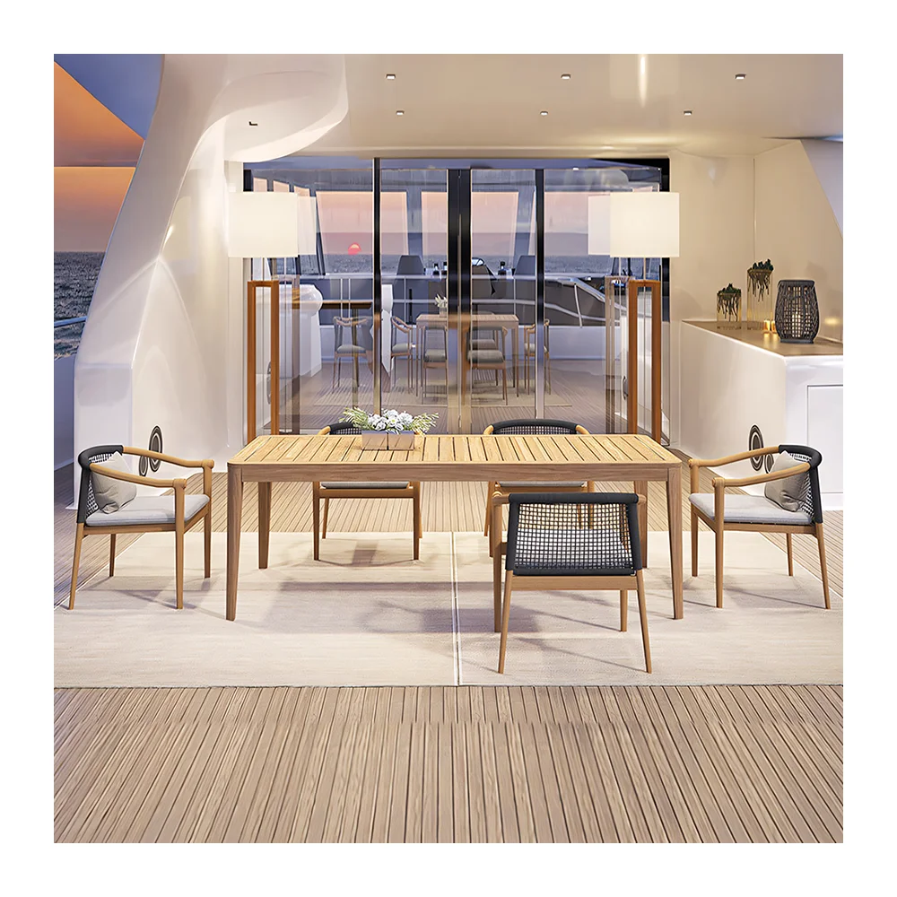 Luxury Outdoor Teak Table and Chair Set Modern 8-Piece Dining for Hotels Elegant Wooden Furniture