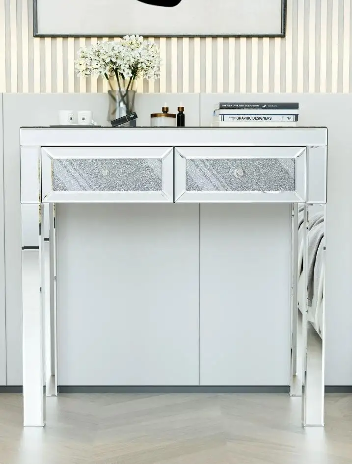 High-end glass mirror vanity broken diamond built-in 2 drawer storage table