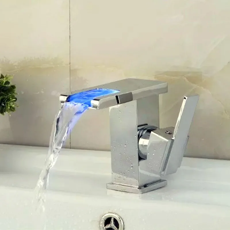 Basin Vanity Sink Faucet Single Handle LED Waterfall Bathroom Mixer Deck Mounted Hot & Cold Water Sink Faucet