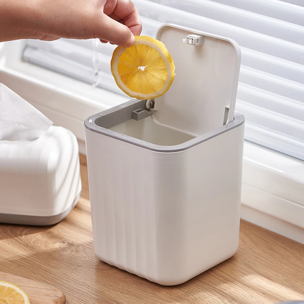 Mini Trash  with Lid Small Can Desk Can Garbage Tiny Waste Basket White