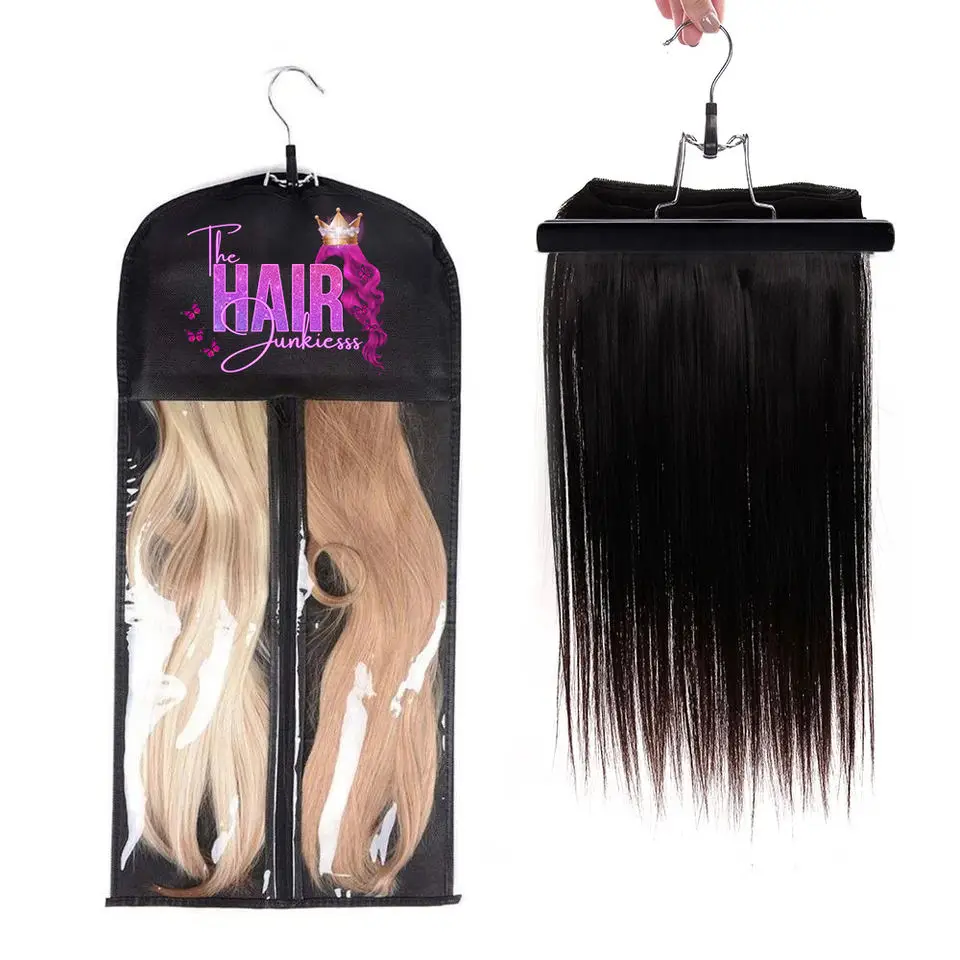 Custom logo clothes gift satin silk bag hair packaging non-woven wig storage hair bag with hanger