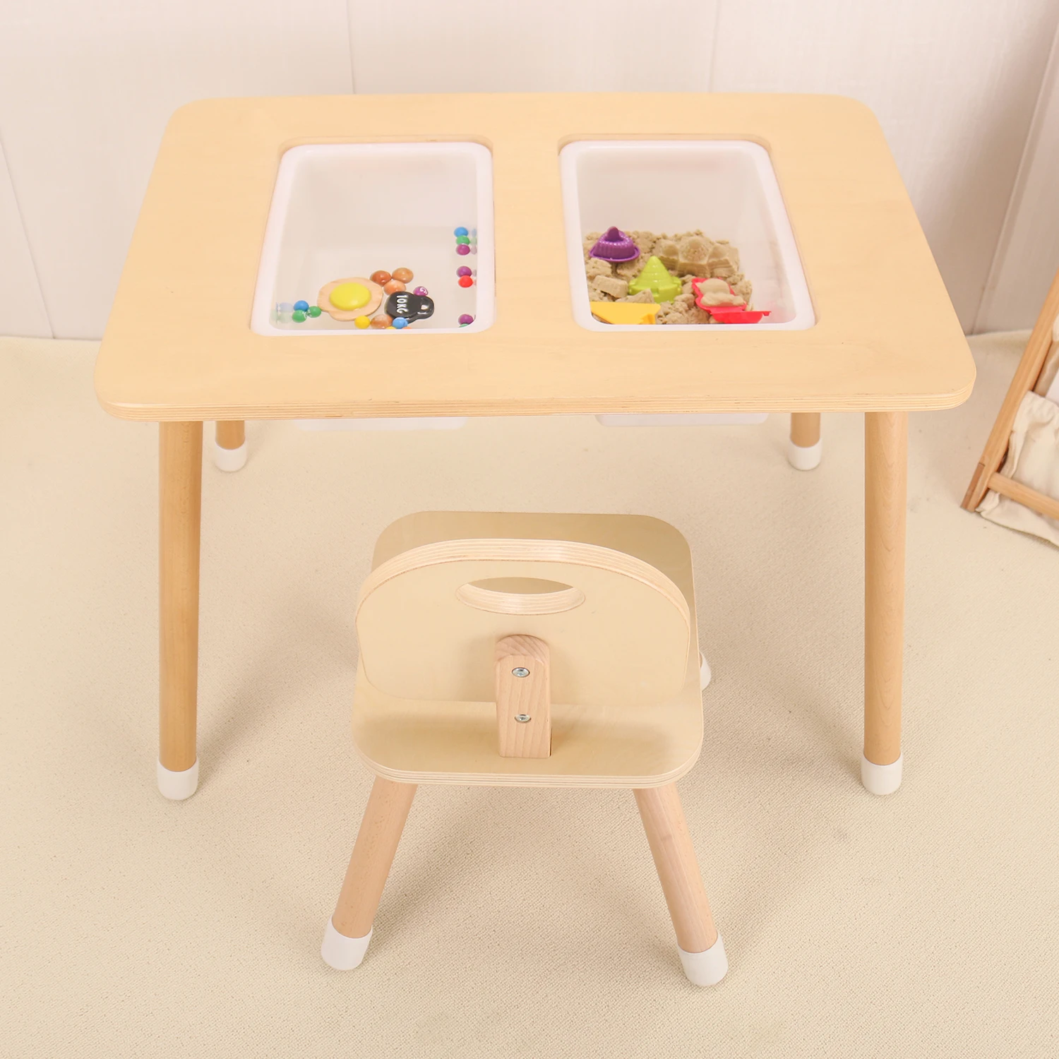 Kids Bedroom Furniture Kids Wood Toy Play Table with Lids Plastic Storage Box Water Table Multifunction Block Sensory Table