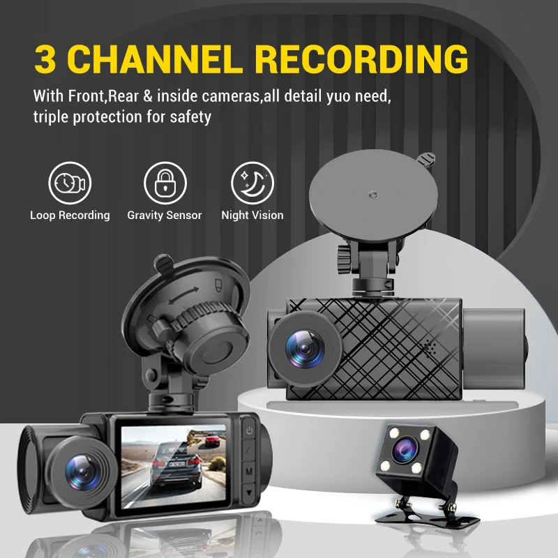 3Channel Camera Lens 1080P HD Car DVR with Rear View Camera Auto Electronics Dash Cam DVR 24H Parking Monitor Black Box for Cars