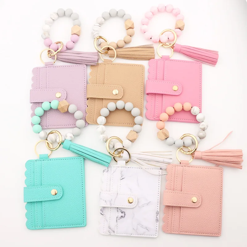 Silicone Beaded Keychain Wristlet Card Holder Key Chain Elastic Bangle Card Wallet Holder Beads Wristlet Keychains With Tassel