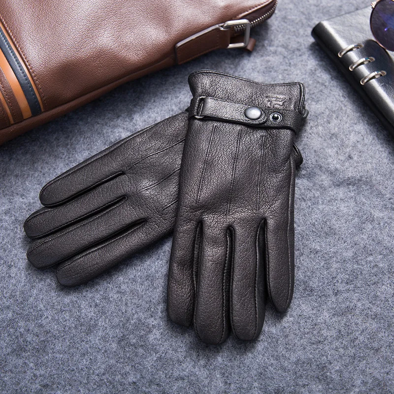 Goatskin with Deer Texture Deerskin Warm Lined Winter Black Genuine Leather Gloves Business Fashion for Men