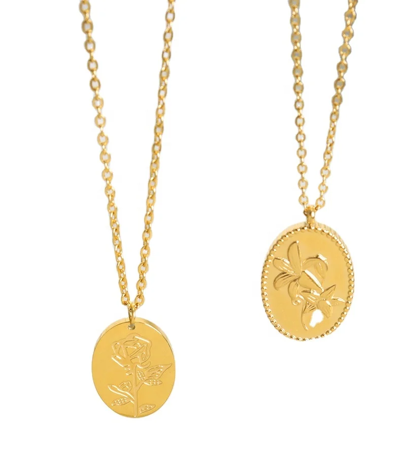 Oval Carved Flower Pendant Necklace Custom Birth flower Name Jewelry Stainless Steel Engraved Rose Lily Flower Necklace