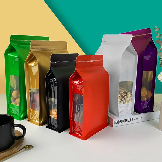 Factory Wholesale Food Grade VMPET Flat Bottom Pouch Window Moisture-proof Aluminum Foil Stand Mylar Bags for Snacks Nut Food