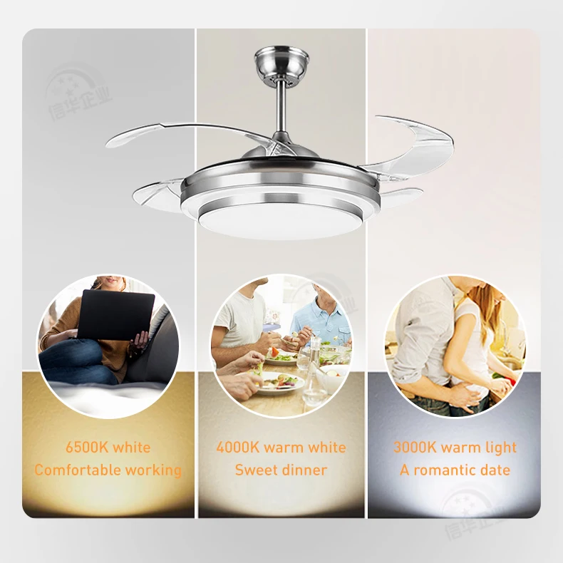 42 Inches 72w Remote Invisible Retractable Fan Lamp Fixture No Noise Ceiling Fan Chandelier With Light