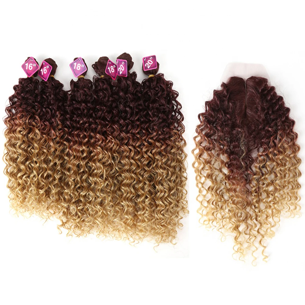 16 18 20 inch 240 gram Wholesale Afro Kinky Curly  Extensions Synthetic Hair Bundles Lace Front With Closure Wave Hair For Women