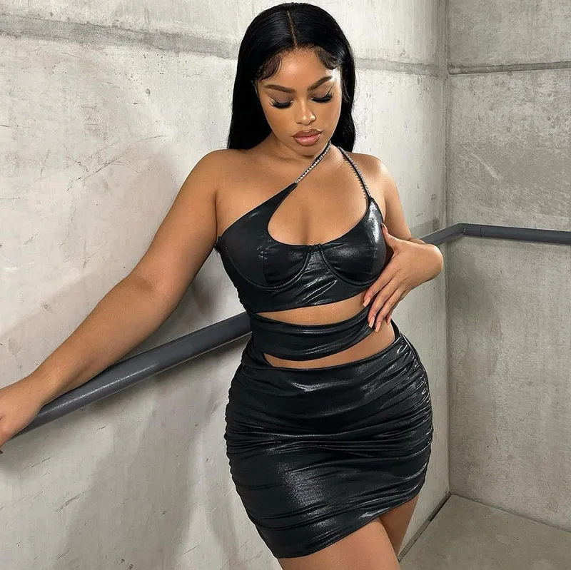 2022 New arrivals summer sexy dresses women ladies sleeveless PU leather cut out stacked mini dress