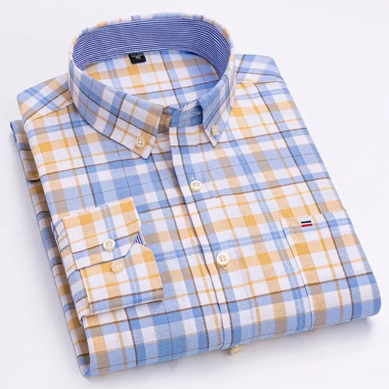 Large size cotton Oxford long-sleeved plaid shirt non-ironing style youth coat loose casual in stock wholesale