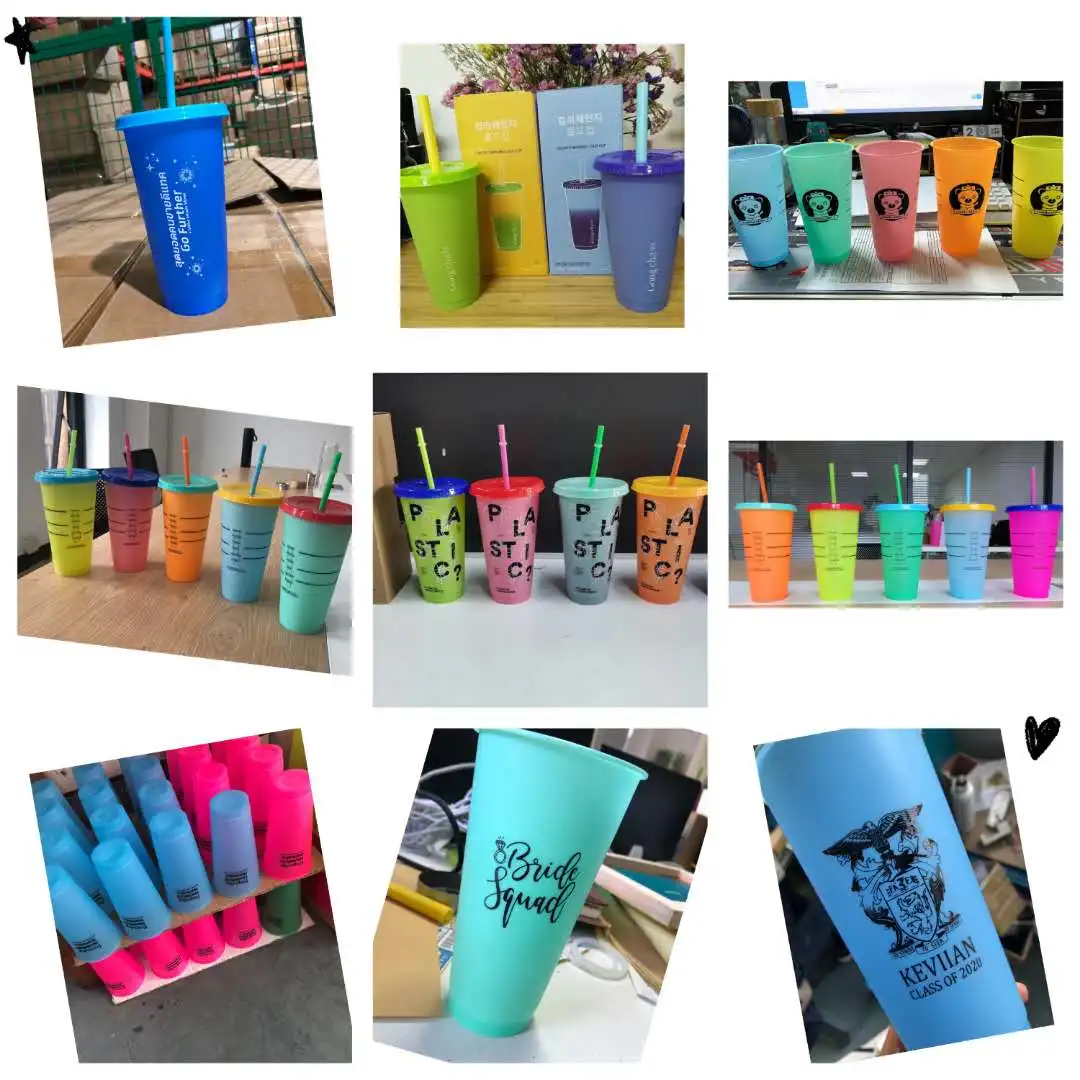 Hot Sale Reusable BPA Free Custom Print Available Plastic Coffee Cup Cold Water Color Changing Cup with Lid and Straw