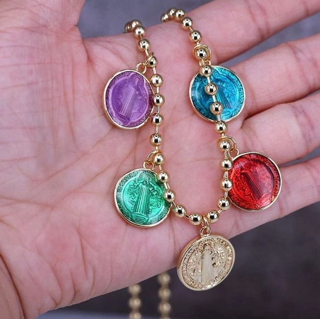 colorful Jesus religious pendant necklace 18k gold plated copper link chain set tarnish free jewelry necklace women