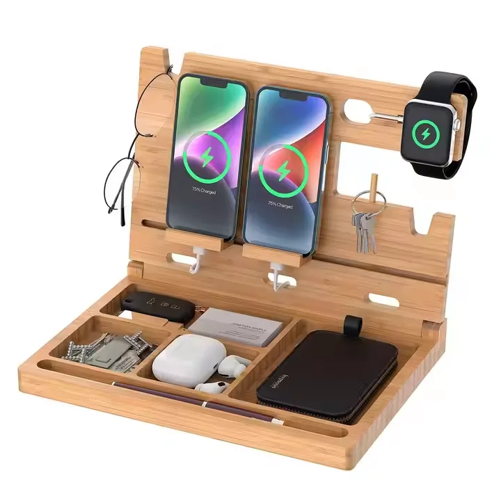 desk Accessories wood Wallet Watch Stand Key Holder bamboo wood Phone Docking Station desktop mobile phone bamboo desk organizer
