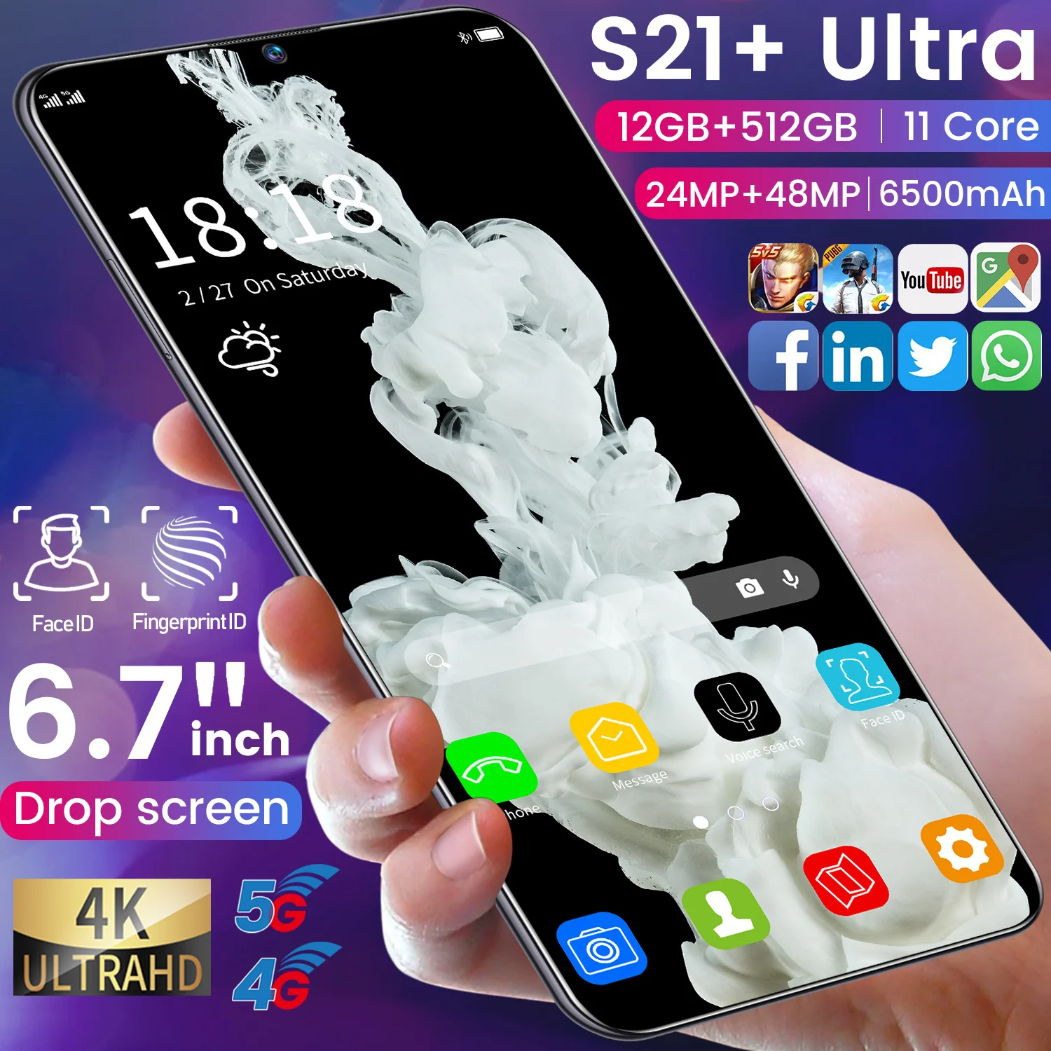  2022 Лидер продаж! 6 7 дюймовый смартфон Высокое качество S21 + Ультра мобильных телефонов 5G 12 Гб 512 ГБ аппарат не привязан к оператору сотовой связи телефона
