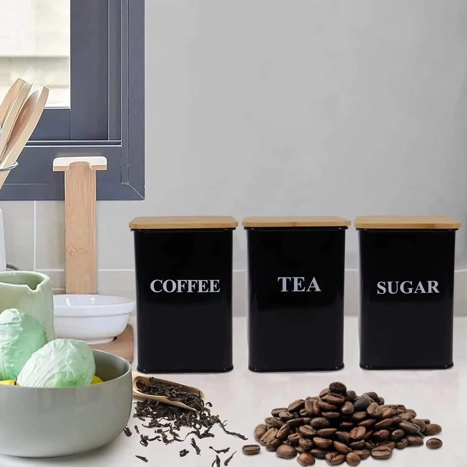 Tea Coffee Sugar Canisters Set With Tray Metal Storage Box For Coffee Kitchen Storage Jars with Wooden Lid
