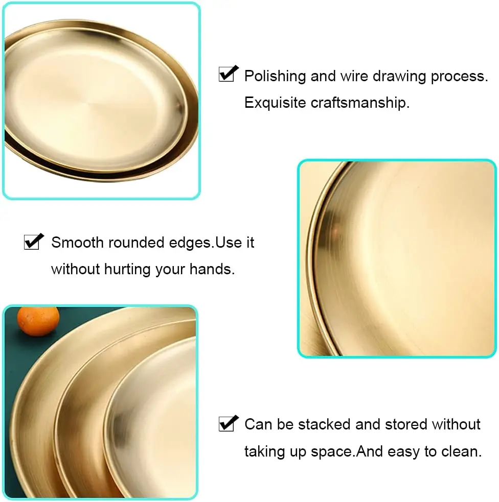 Набор золотых металлических тарелок из нержавеющей стали, Набор круглых тарелок для пикника, подложка
