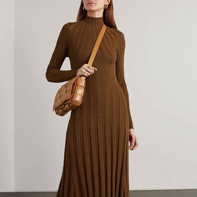 knitwear mufacturers Brown Rib Knit Turtleneck Maxi Dress Winter Pleated dress Sweater Dress women