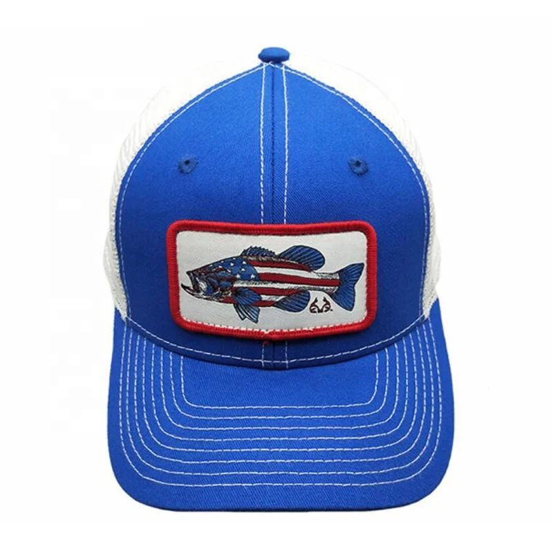 Design mesh trucker fishing cap with custom patch
