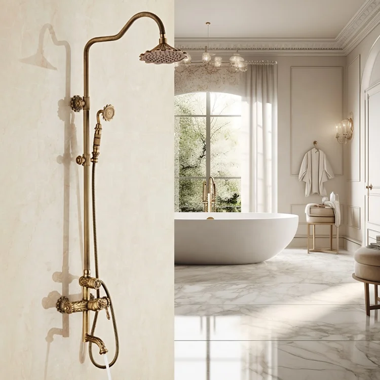 Luxury Antique Brass Shower Faucet Set European Style Exposed Shower Mixer