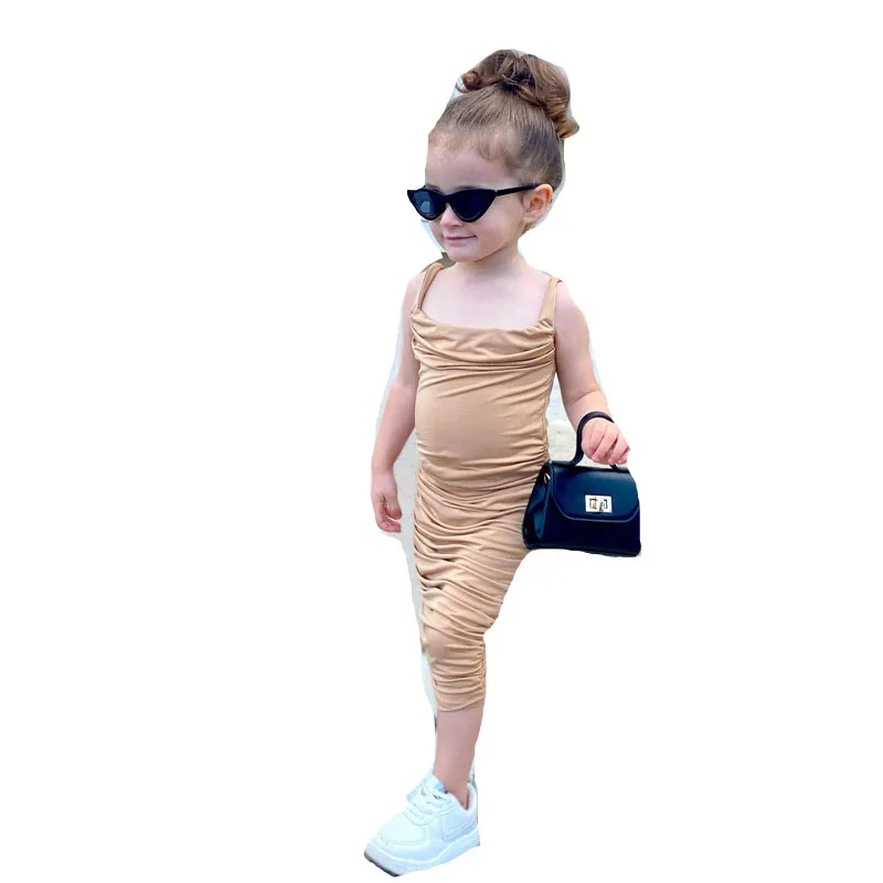Wholesale Baby Gril Dress Ruched Solid Color Kids Summer Sleeveless Dresses