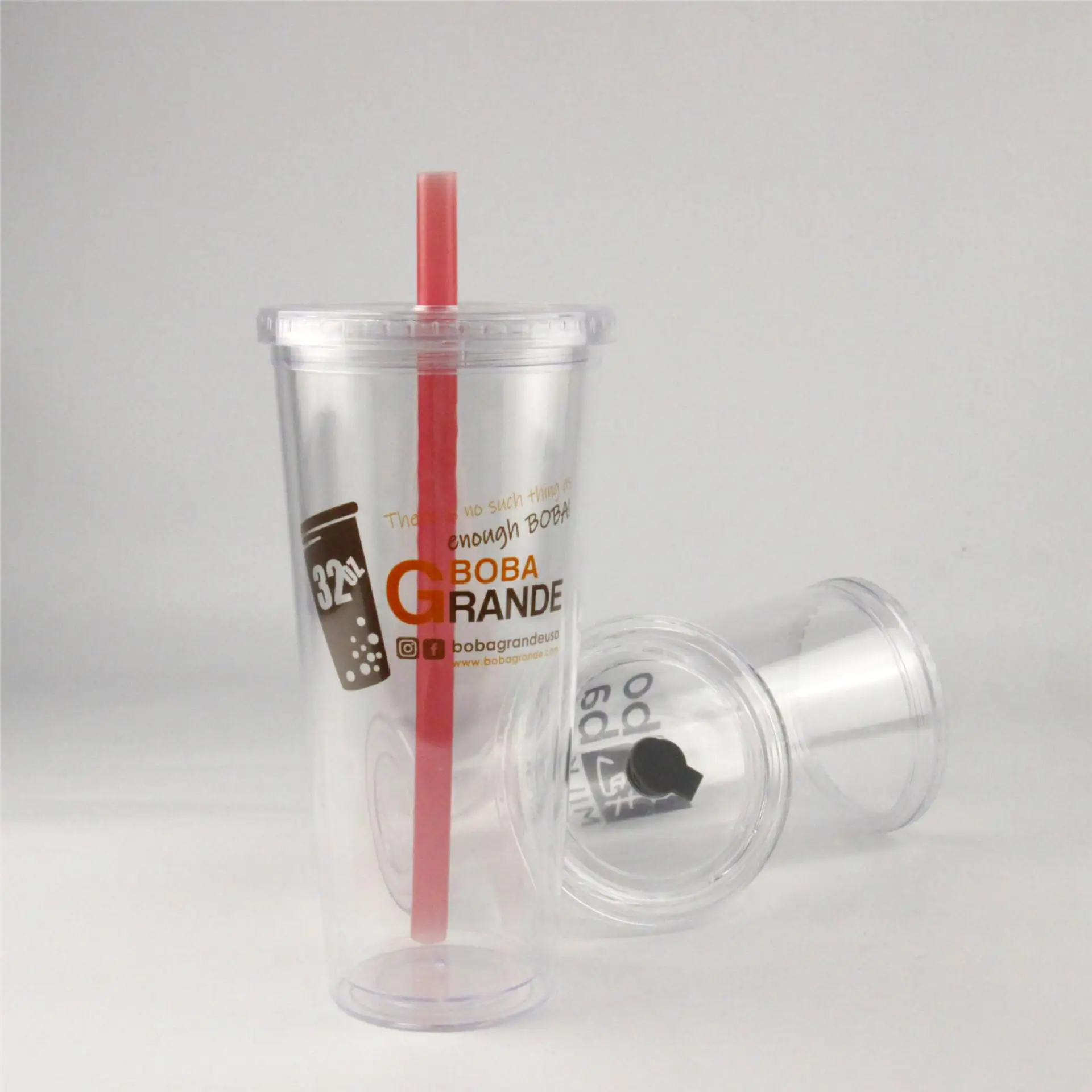 32oz Double Wall Insulated Bubble Tea Cup Plastic Acrylic Iced Coffee Cup with Lid
