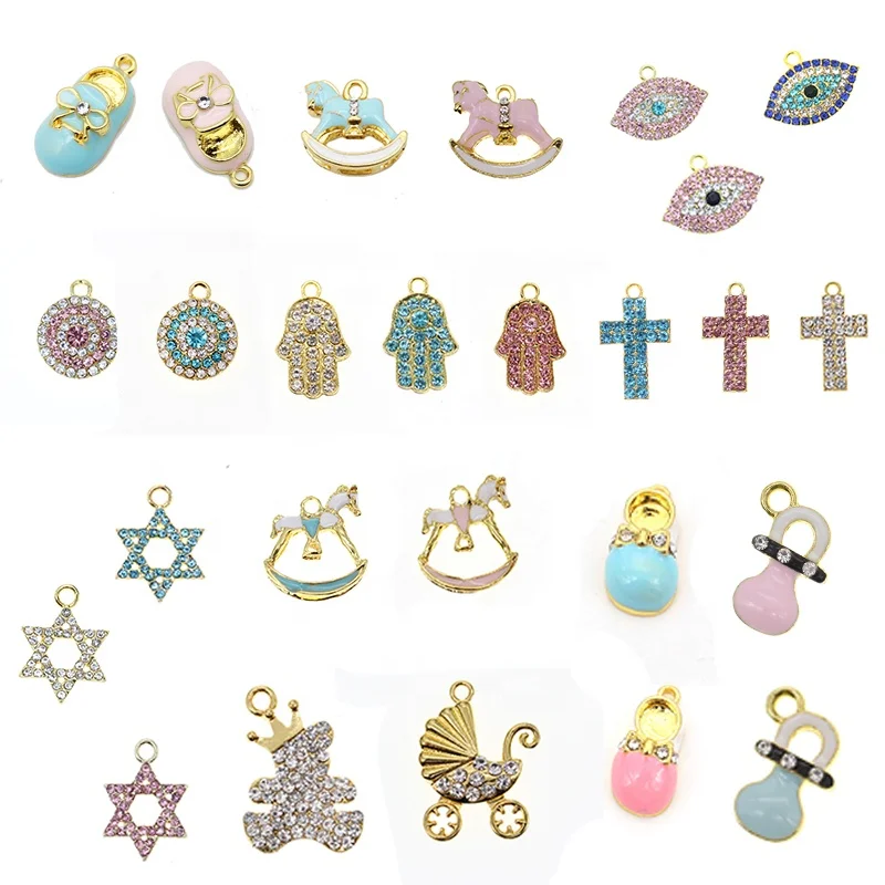 baby Pink  Rolling Horse Cross Hand Crystal Charms David Star Hamsa Shoes Rhinestone  Enamel Charm For Diy Islam For Baby  Pins