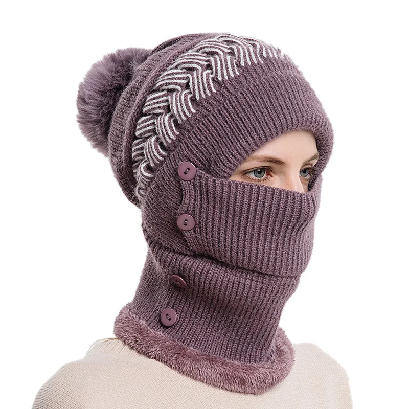 Outdoor Sports Woolly Knitted Winter Beanie Hunter Hat with Cycling Balaclava Face Cover and Neck Warmer Set for Women