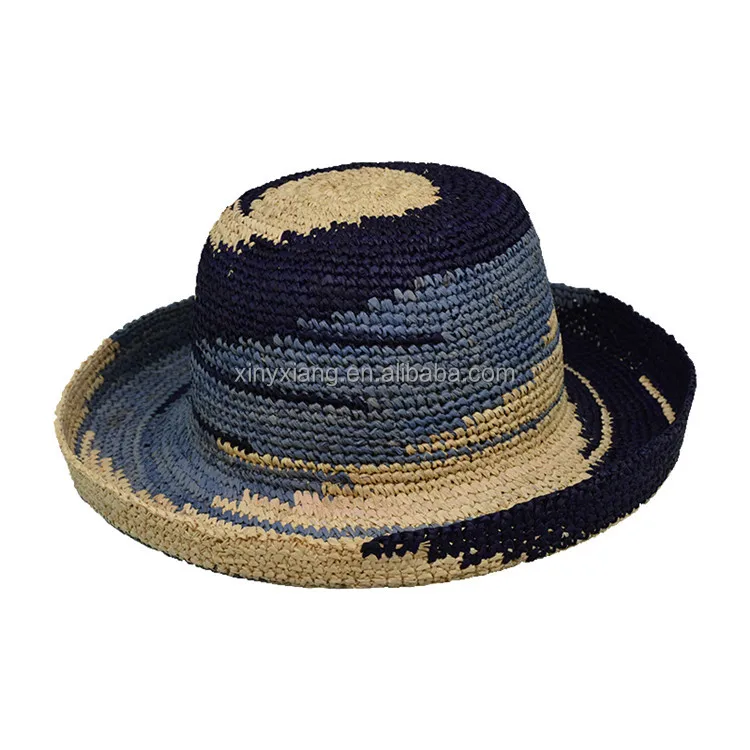 Factory Custom Hand Crocheted Raffia Kettle Brim Hat, Foldable Natural Round Crocheted Raffia Straw Hat, Knitted Raffia Cap