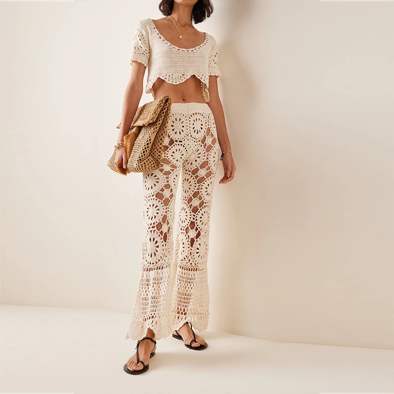 2024 Fashion Custom Women Quality Sweater Set Bunga Crocheted Cotton Pants and Top Set