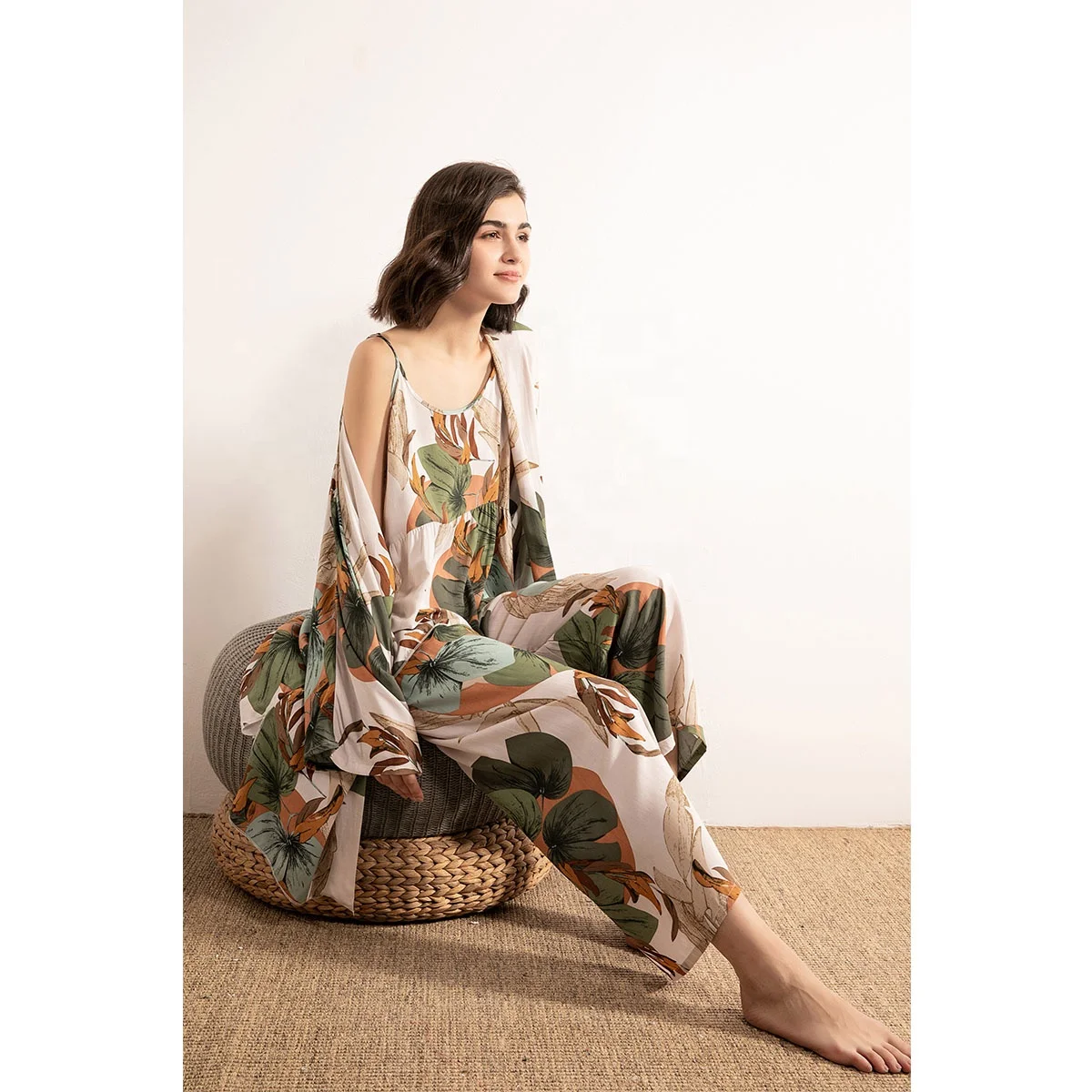 Women Satin Pajama Sets Night Sleepwear Custom Print Plant Flower Pyjama Short Loose Fit Casual Ladies Summer Tie dyed Robe Suit