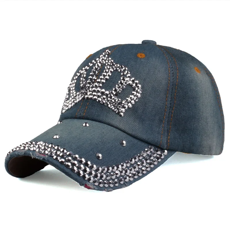 Fashion rhinestone crown baseball cap venta gorras por mayor cotton denim duck tongue cap