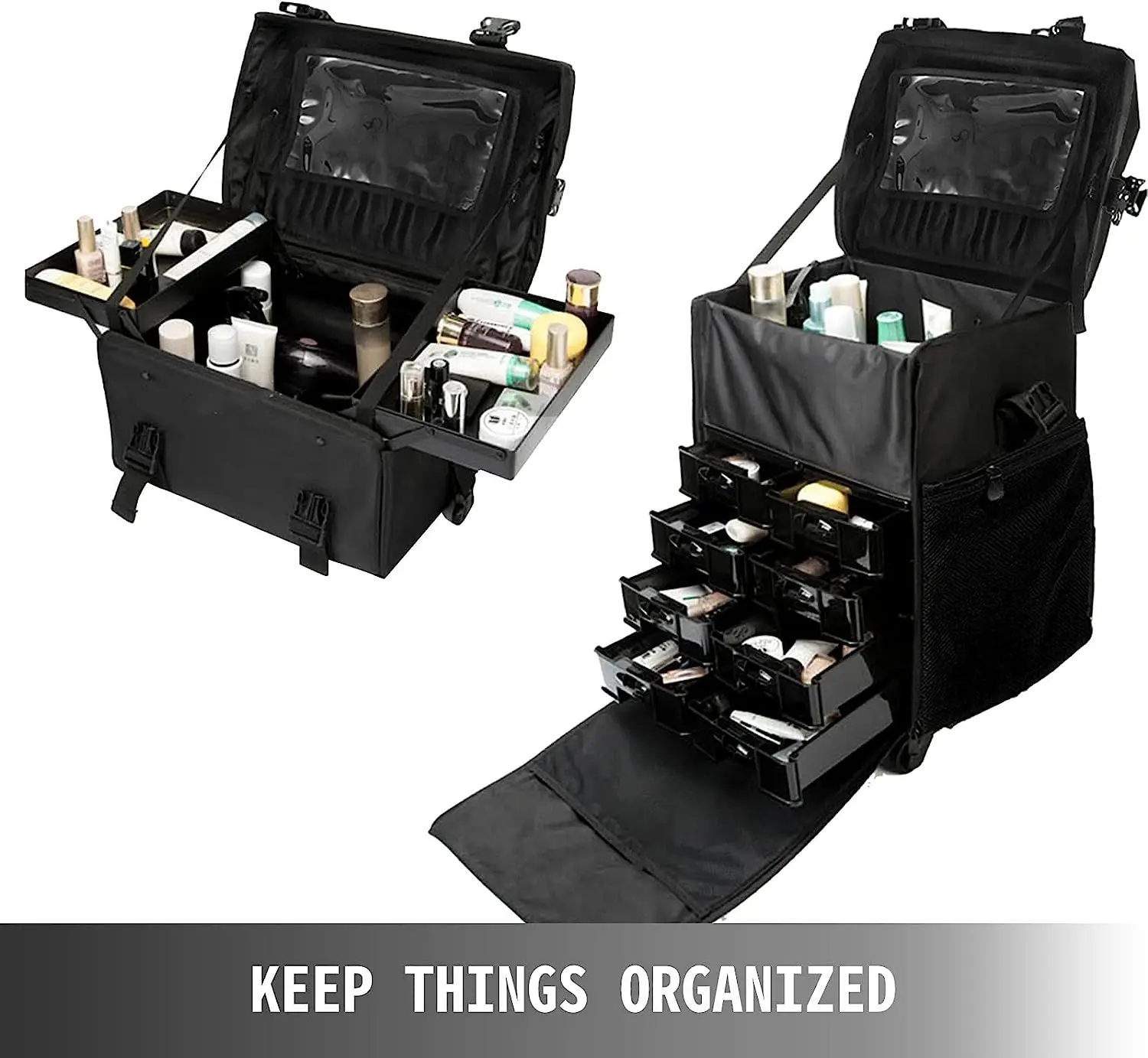 2 in 1 professional nylon makeup beauty cosmetic jewelry artist nail polish case rolling zipper trolley travel train suitcase