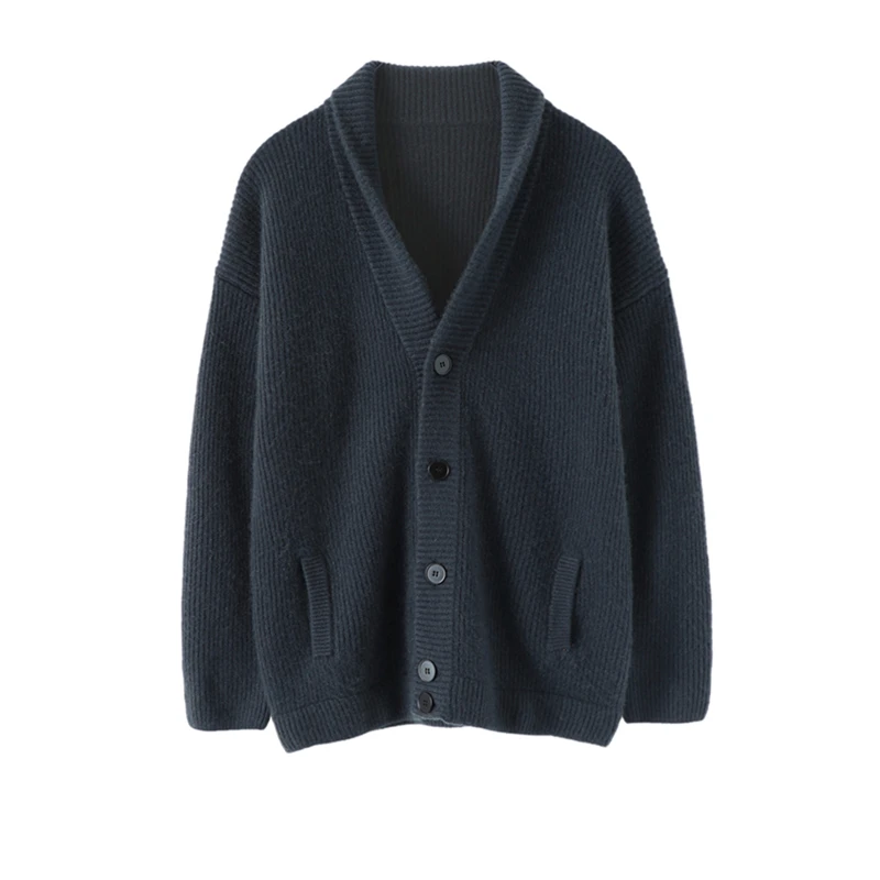 Custom thick wool cashmere jacket winter loose lapel button knitted rib cashmere cardigan sweater for man