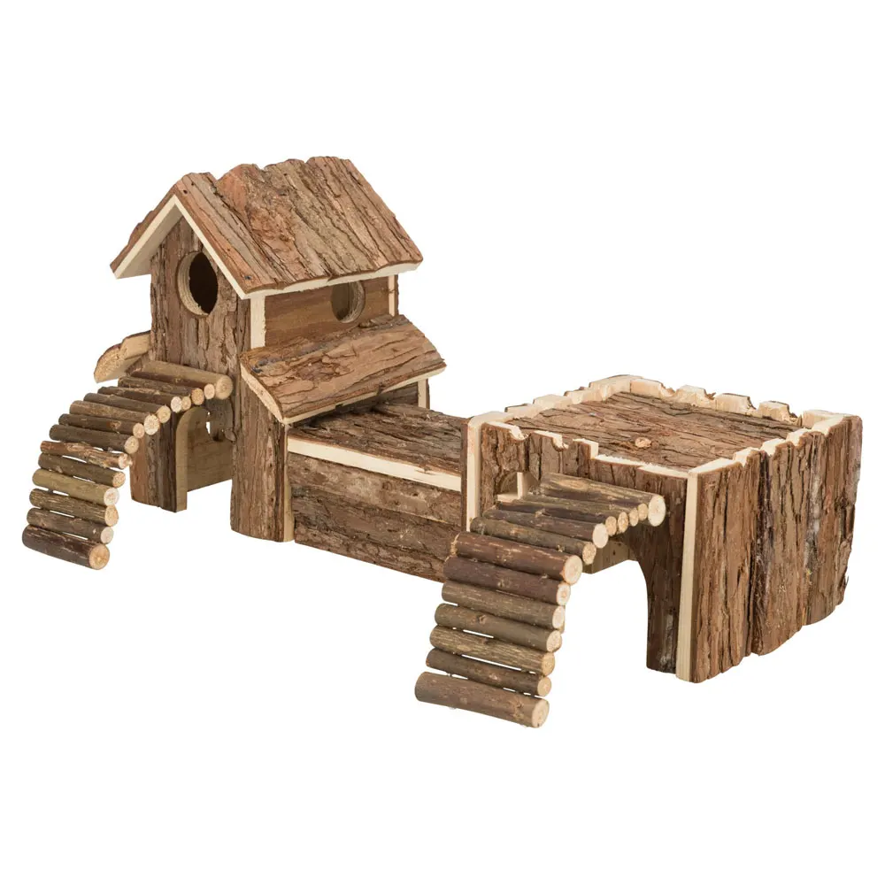 Log Castle Shape Multifunction Wooden Ladder Hamster Wood House Hut Cage For Gerbils And Similar-Sized Pets