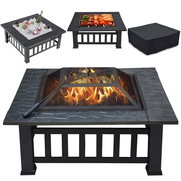 Factory 32inch Outdoor Wood Burning Pit Fire Patio Table Top Square Fire Pit With Spark Screen