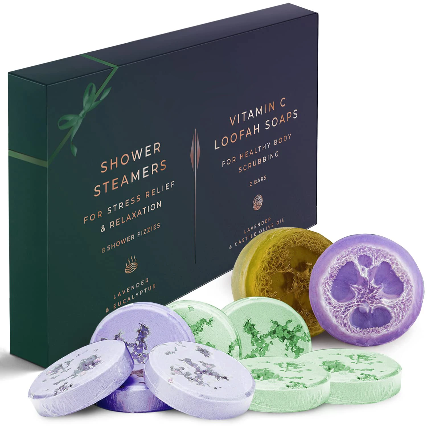 2in1 Aromatherapy Shower Kit of 8 Eucalyptus and Lavender Relaxation Bath Bombs Shower Steamers and Exfoliating Loofah Soaps