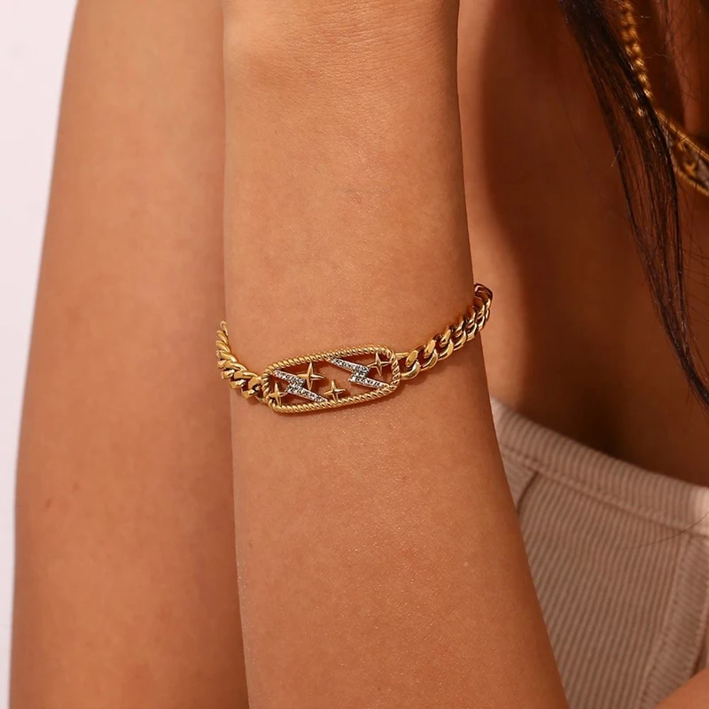 18K Gold Plated Twisted Zircon Lightning Choker Necklace Unisex Star Pendant with Link Chain Silver Cuban Chain Necklace