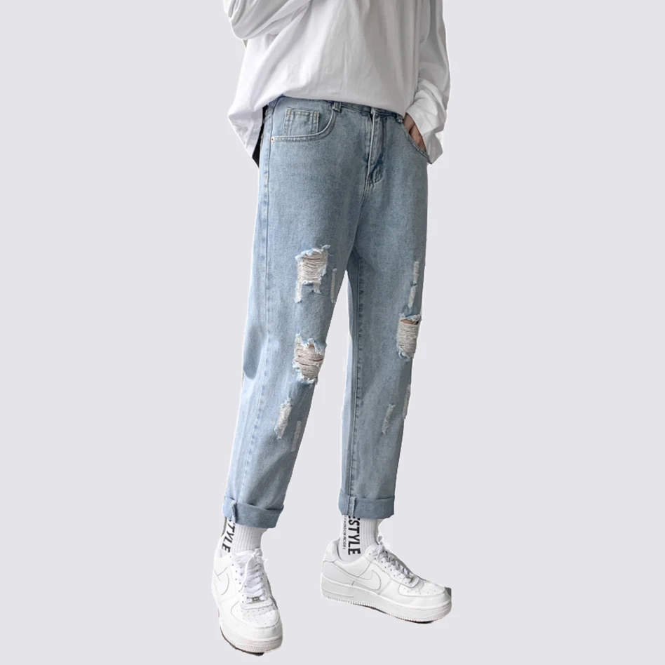 
Factory Direct Supply Blue Leisure Trend Young People Hole High Quality Soft Bunched Loose Boy Jeans 