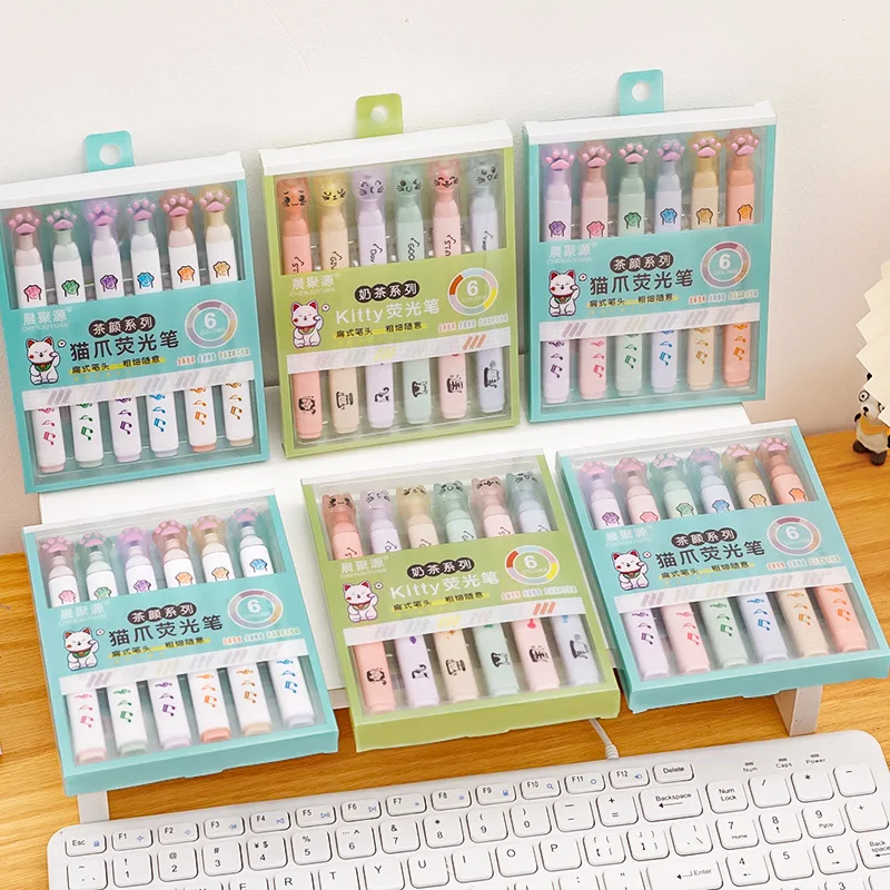 New Design 3d Marker Pen Cute Multicolor Cartoon Kids Wholesale 6-piece-set Cat Paw Highlighter