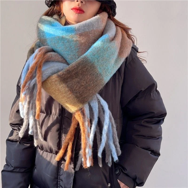 Autumn Winter Women Colorful Fluffy Scarf Large Thicken Mohair Plaid Cashmere Scarf