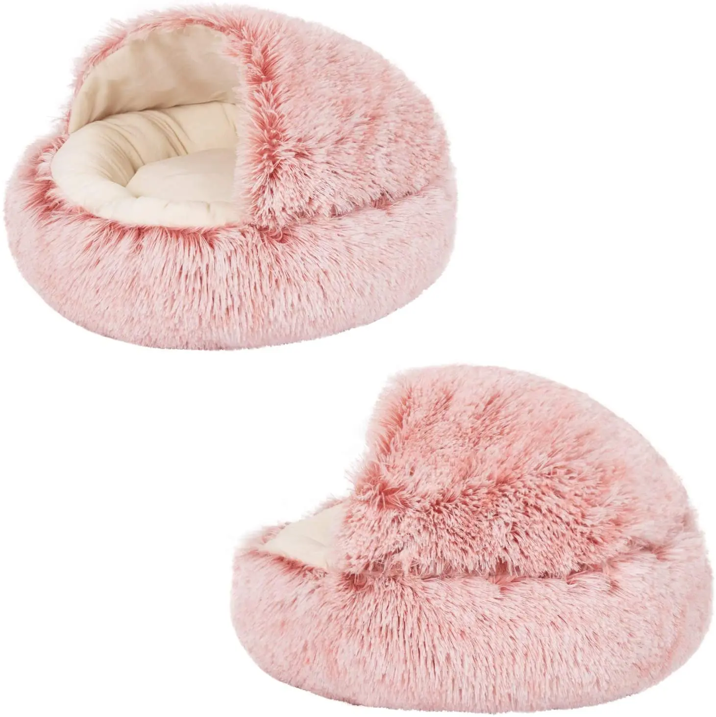 Modern pink semi-enclosed non slip luxury fluffy warm sleeping soft round donut sofa pet dog cat bed for indoor