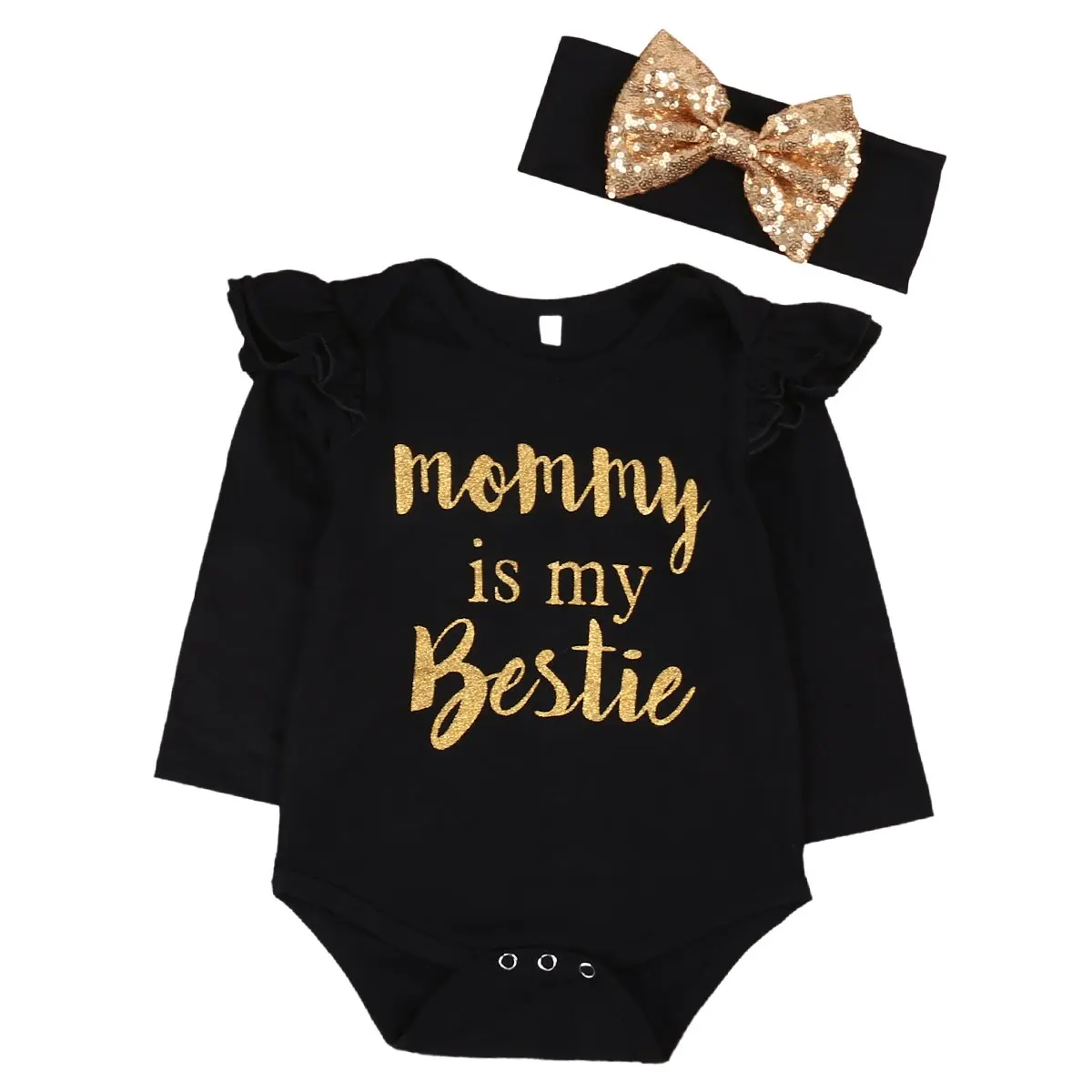 
Hot sale 3 month baby girl rompers ruffle long sleeve Bestie gold foil printing girls romper and headband 2 pcs 